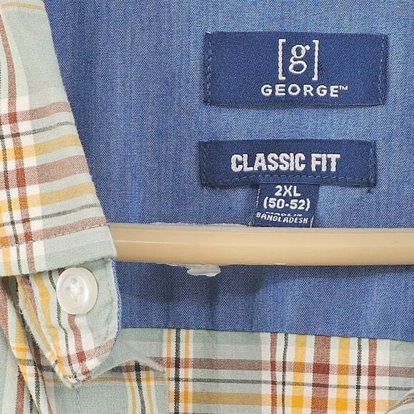 George Men’s 2XL Green Brown Checked Classic Fit Button Shirt Casual Plaid - Picture 5 of 6